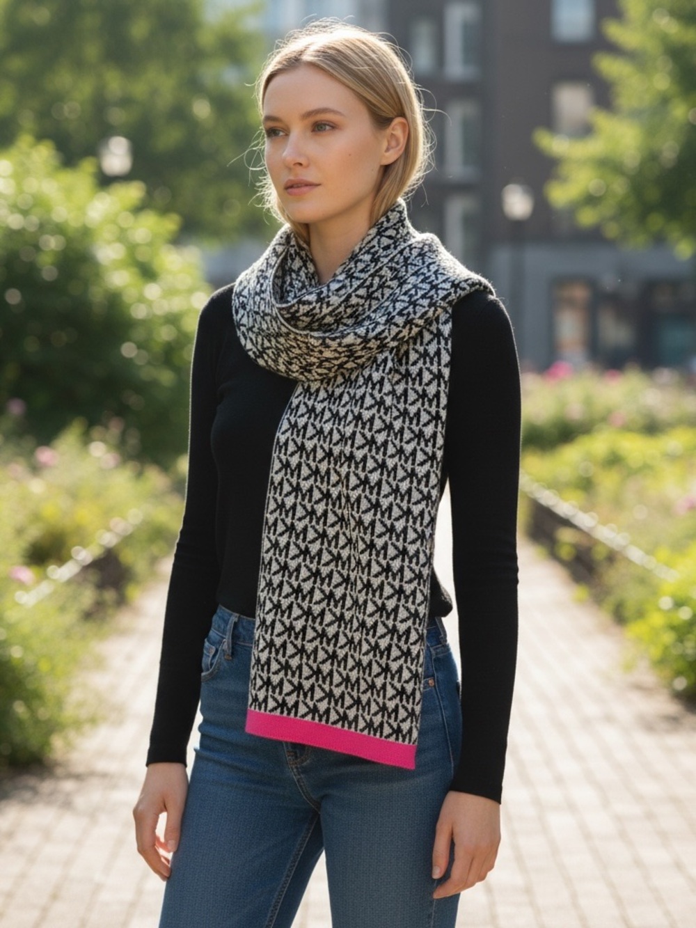MICHAEL Michael Kors Black & Gray Logo Scarf with Pink Trim